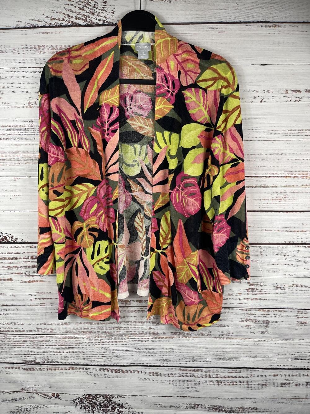 Chicos Cardigan Sweater Women's Size Large Multicolor Tropical Leaf Open Front